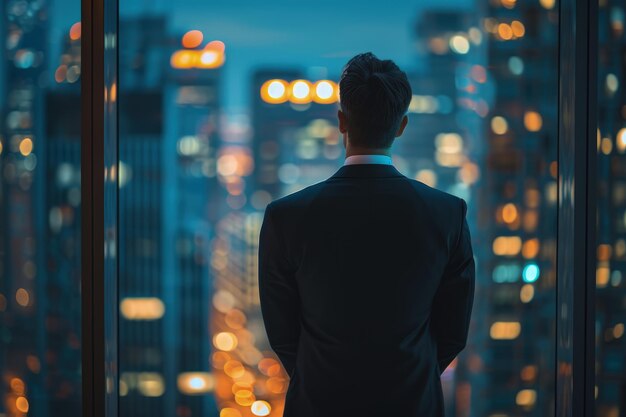 Un homme devant une vue nocturne sur la ville