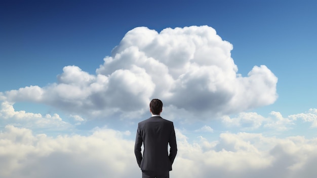 Homme divertissant debout en vue arrière sur les nuages en arrière