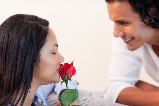 Homme donnant à sa petite amie une rose pour la Saint Valentin
