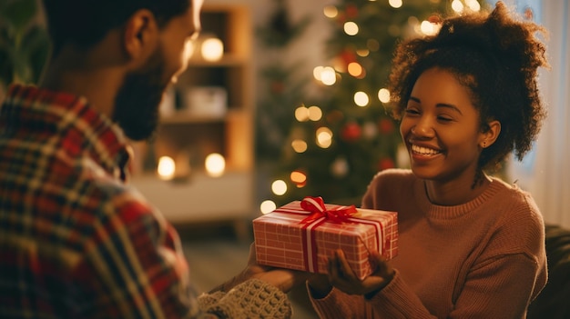 Photo un homme donne un cadeau de noël à sa petite amie.