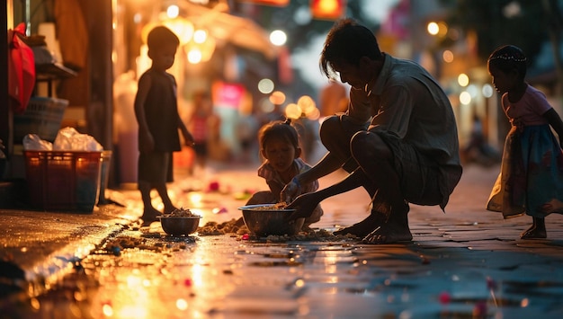 Photo l'homme donne la nourriture aux enfants dans la rue le soir