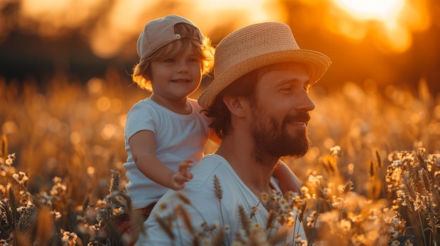 Un homme donne à un tout-petit un tour sur le dos en souriant et en jouant dans un champ au coucher du soleil.