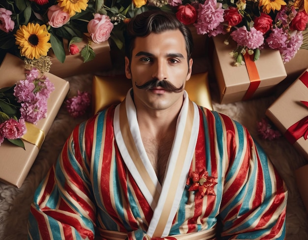 Un homme donneur de cadeaux félicite les filles pour la fête de la femme parmi des cadeaux et des fleurs