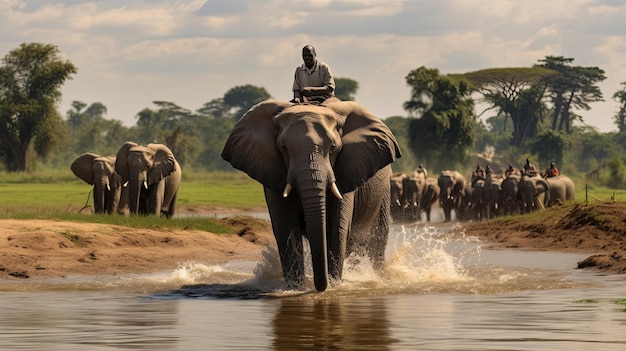 Un homme sur le dos d'un éléphant traverse une rivière