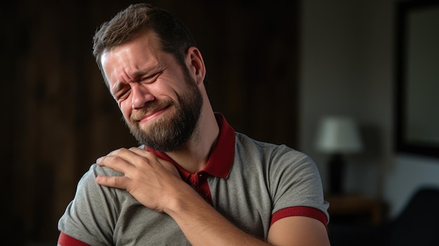 Photo un homme avec des douleurs à l'épaule et à la main est assis sur le canapé à la maison