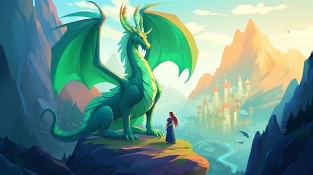 Photo homme dragon émeraude et jeune femme dans le monde fantastique des montagnes 8