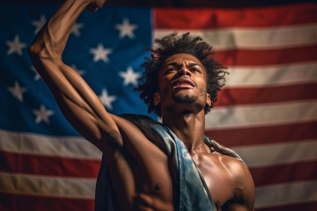 Homme avec le drapeau américain et le poing levé en l'air alors qu'il célèbre le 4 juillet