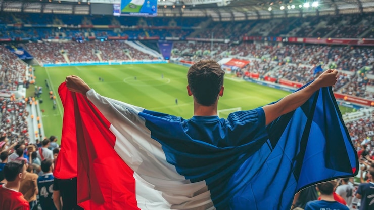 Photo un homme avec le drapeau de la france sur le dos à l'intérieur du stade