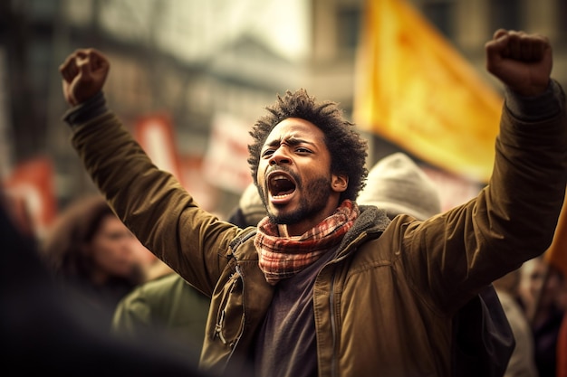 Un homme avec un drapeau jaune à la main crie