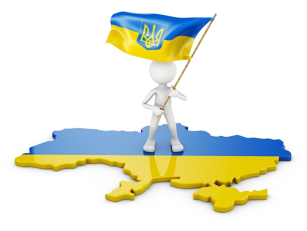 Homme avec le drapeau de l'Ukraine sur une carte volumétrique rendu 3d