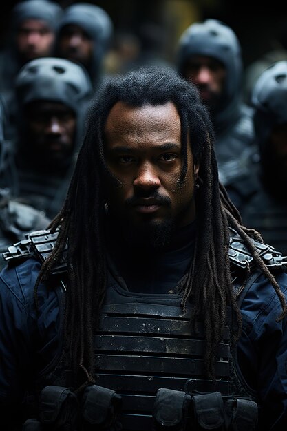 un homme avec des dreadlocks et un groupe d'hommes en uniforme