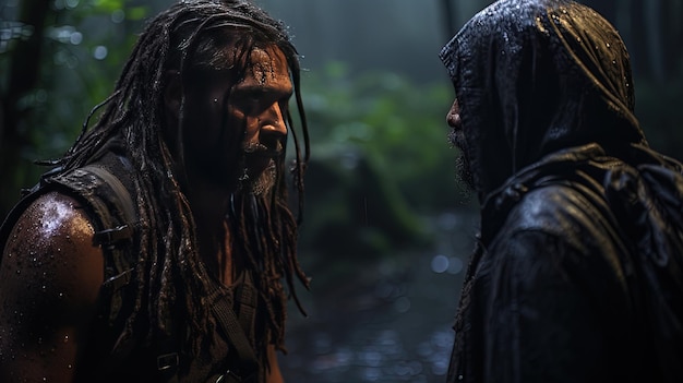 un homme avec des dreadlocks se tient dans une forêt avec une femme en arrière-plan