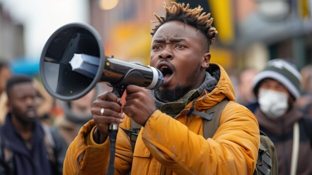 Photo un homme avec des dreadlocks tenant un mégaphone