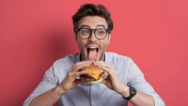 Un homme drôle en lunettes mangeant un hamburger isolé sur un blanc.