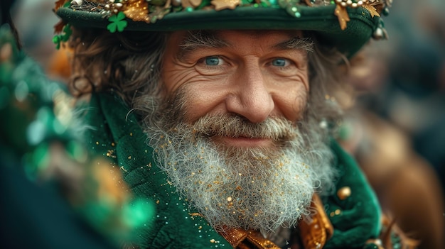 Un homme drôle portant un chapeau de leprechaun et des lunettes avec des feuilles de trèfle