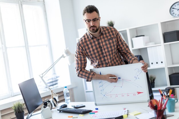 L'homme du bureau se tient près de la table et explique l'horaire dessiné sur le tableau magnétique.