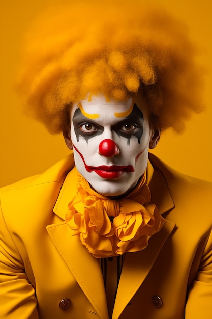 Un homme avec du maquillage de clown et des cheveux jaunes est vêtu d'un costume de clown.