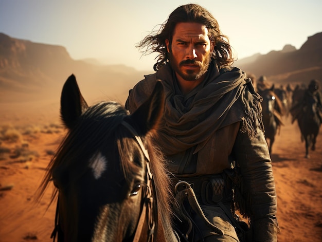 Photo un homme du moyen-orient à cheval dans le désert un homme arabe à cheval ia générative