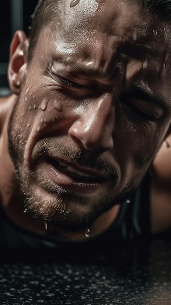 Un homme avec de l'eau sur le visage transpire et a de l'eau sur le visage.