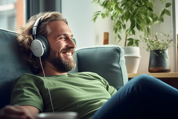 Un homme écoutant de la musique avec des écouteurs sur un canapé confortable