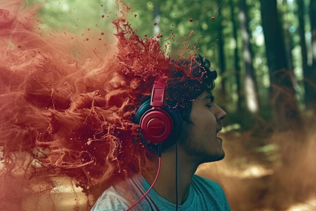 Un homme avec des écouteurs fait l'expérience de la musique alors que ses cheveux se transforment en particules volantes