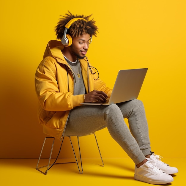 un homme avec des écouteurs et un ordinateur portable devant un fond jaune