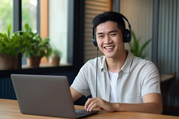 un homme avec des écouteurs et un ordinateur portable sur son bureau