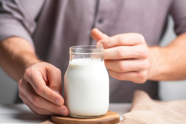 Un homme écrit sur une bouteille de lait d'avoine.