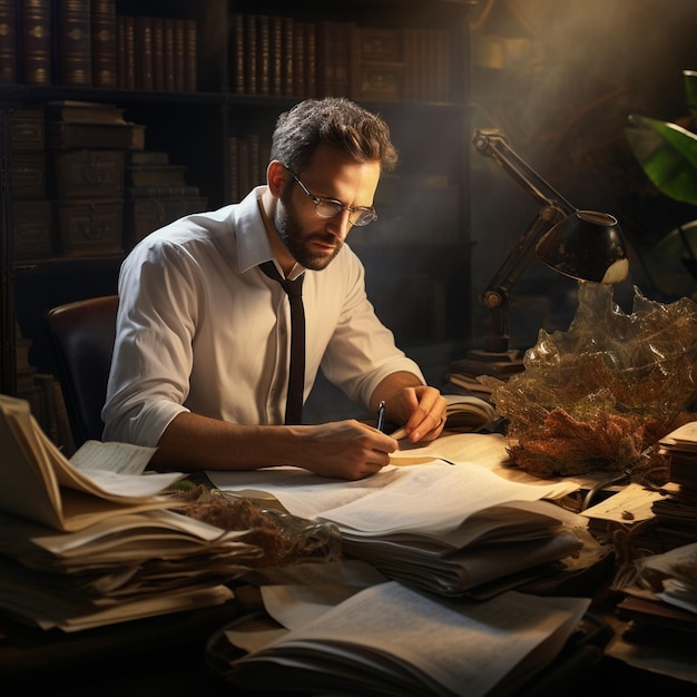 un homme écrit dans un cahier avec un livre sur la table.