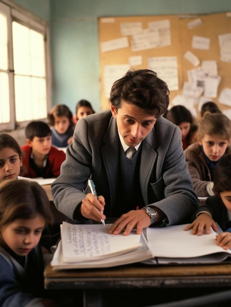 un homme écrit dans une classe avec un groupe d’enfants.