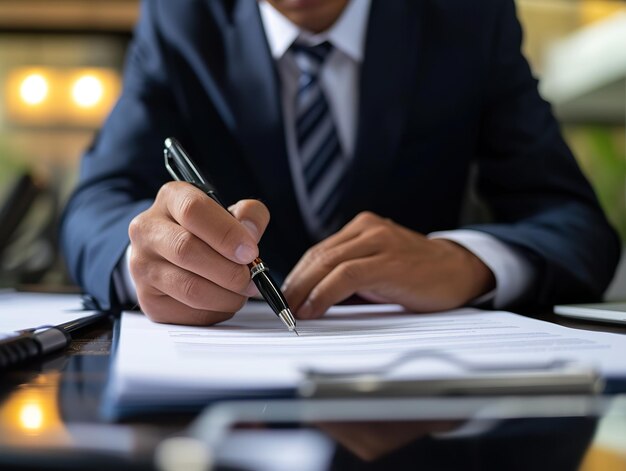 un homme écrit dans un costume d'affaires et a un stylo à la main