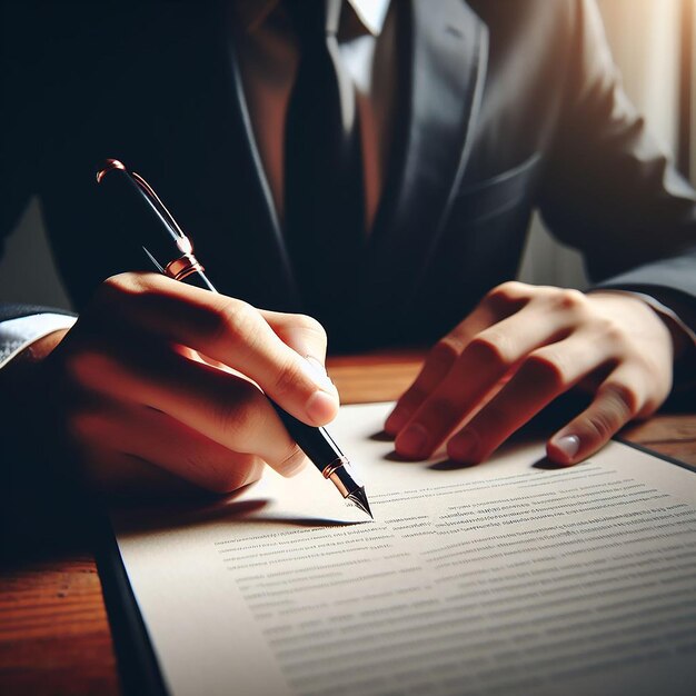 un homme écrit dans un document avec un stylo à la main