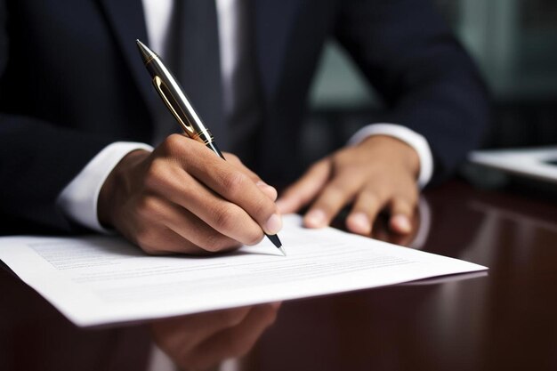 Un homme écrit sur une feuille de papier avec un stylo à la main.