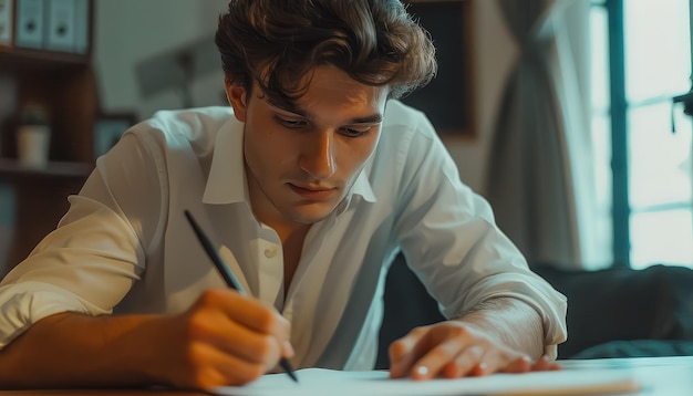 Photo un homme écrit sur un morceau de papier avec un stylo.