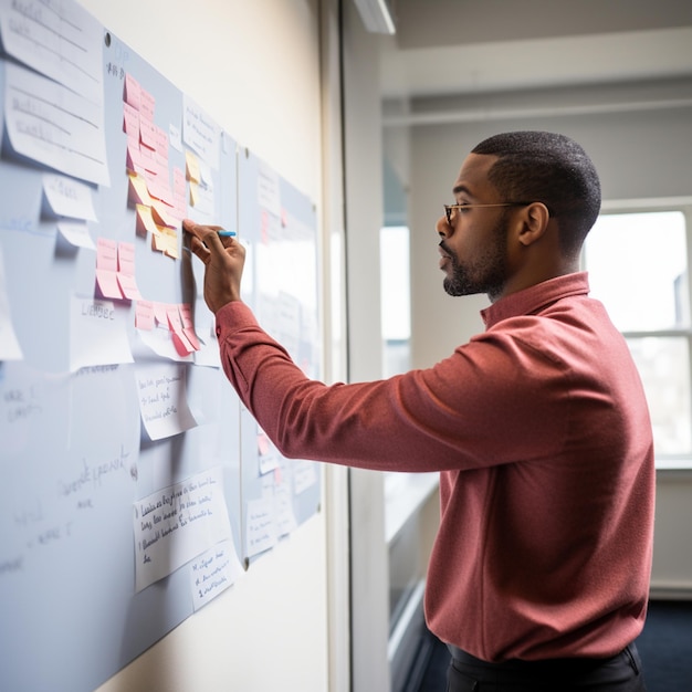 Un homme écrit sur un mur avec des notes dessus.