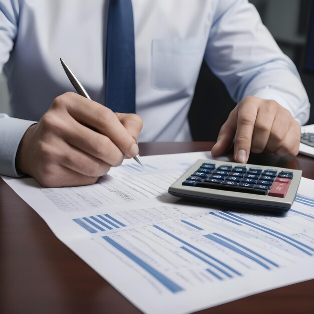 un homme écrit sur un papier avec une calculatrice et une calculatrice