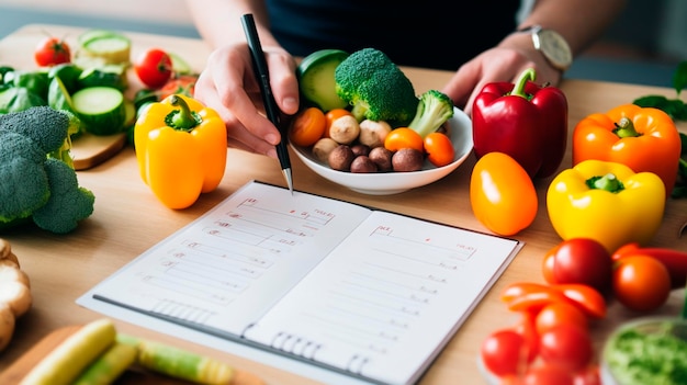 Photo un homme écrit un plan de repas avec des légumes ia générative