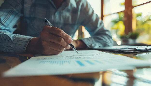 Un homme écrit avec un stylo sur un morceau de papier.