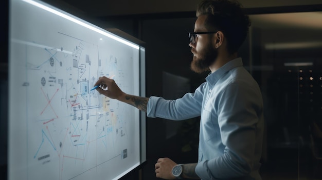 Un homme écrit sur un tableau blanc dans un bureau.