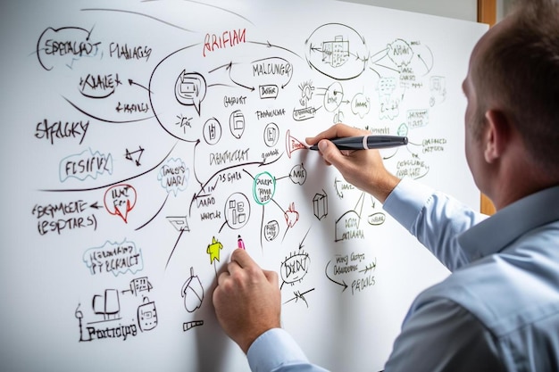 Un homme écrit sur un tableau blanc avec les mots "le mot" dessus.