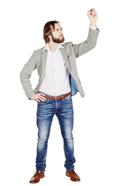 Homme écrivant quelque chose sur une planche de verre avec un marqueur