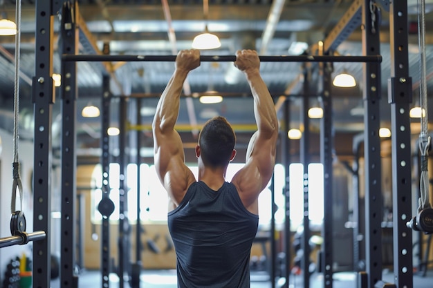 Un homme effectuant des PullUps dans un gymnase moderne avec une IA générée