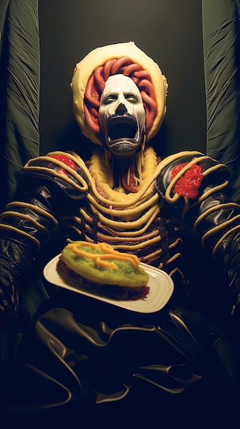 un homme effrayant avec une assiette de nourriture qui a un visage dessus