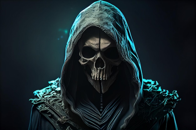 Homme effrayant en costume de mort avec crâne sur fond sombre ai générative