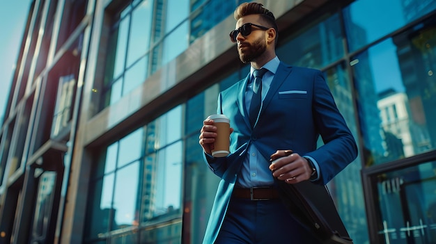 Homme élégant en costume bleu marchant dans un environnement urbain tenant un café mode moderne modèle masculin confiant dans la ville portrait de style de rue IA