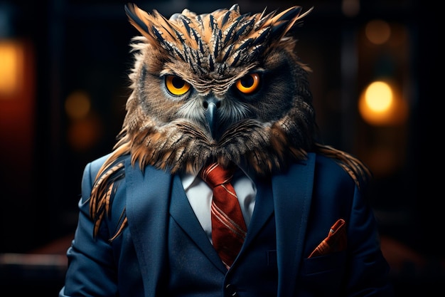 Un homme élégant en costume de hibou.