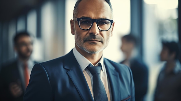 Photo homme élégant à lunettes debout dans le bureau fabriqué avec l'ia générative