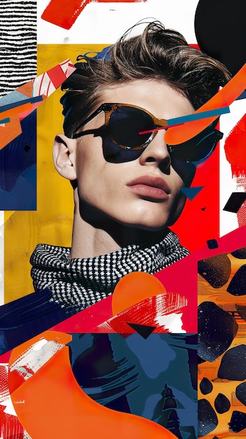 Photo un homme élégant avec des lunettes de soleil et un collage graphique.