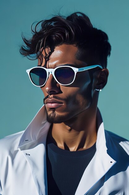 Photo homme élégant avec des lunettes de soleil et des vêtements de détails blancs generative ai