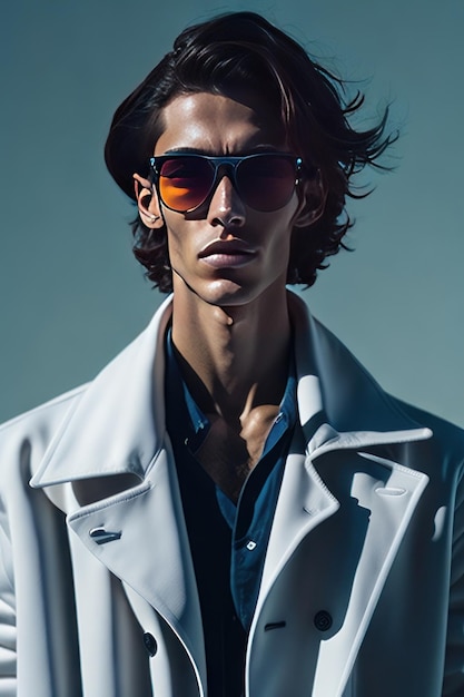 Homme élégant avec des lunettes de soleil et des vêtements de détails blancs Generative AI